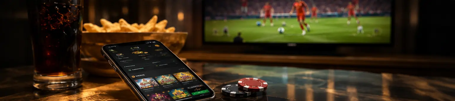 A phone showing casino games on a bar top, with a football match on the TV behind it